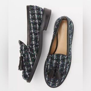 ANN TAYLOR Tweed Tassel Loafers NWOT | Size 7.5 | Black, White, Green & Blue